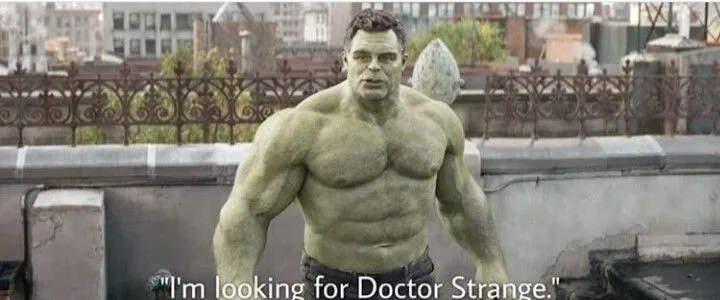 The Hulk on a rooftop: “I’m looking for Doctor Strange.”